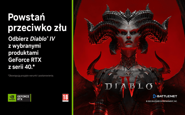 Kup KFA2 GeForce RTX 4080 16 GB SG 1-Click OC i zgarnij Diablo IV za darmo NVIDIA z KFA2 wystartowali z promocją, gdzie osoby, które zakupiły wybrany model karty graficznej z serii RTX 4000, otrzymają grę Diablo IV.